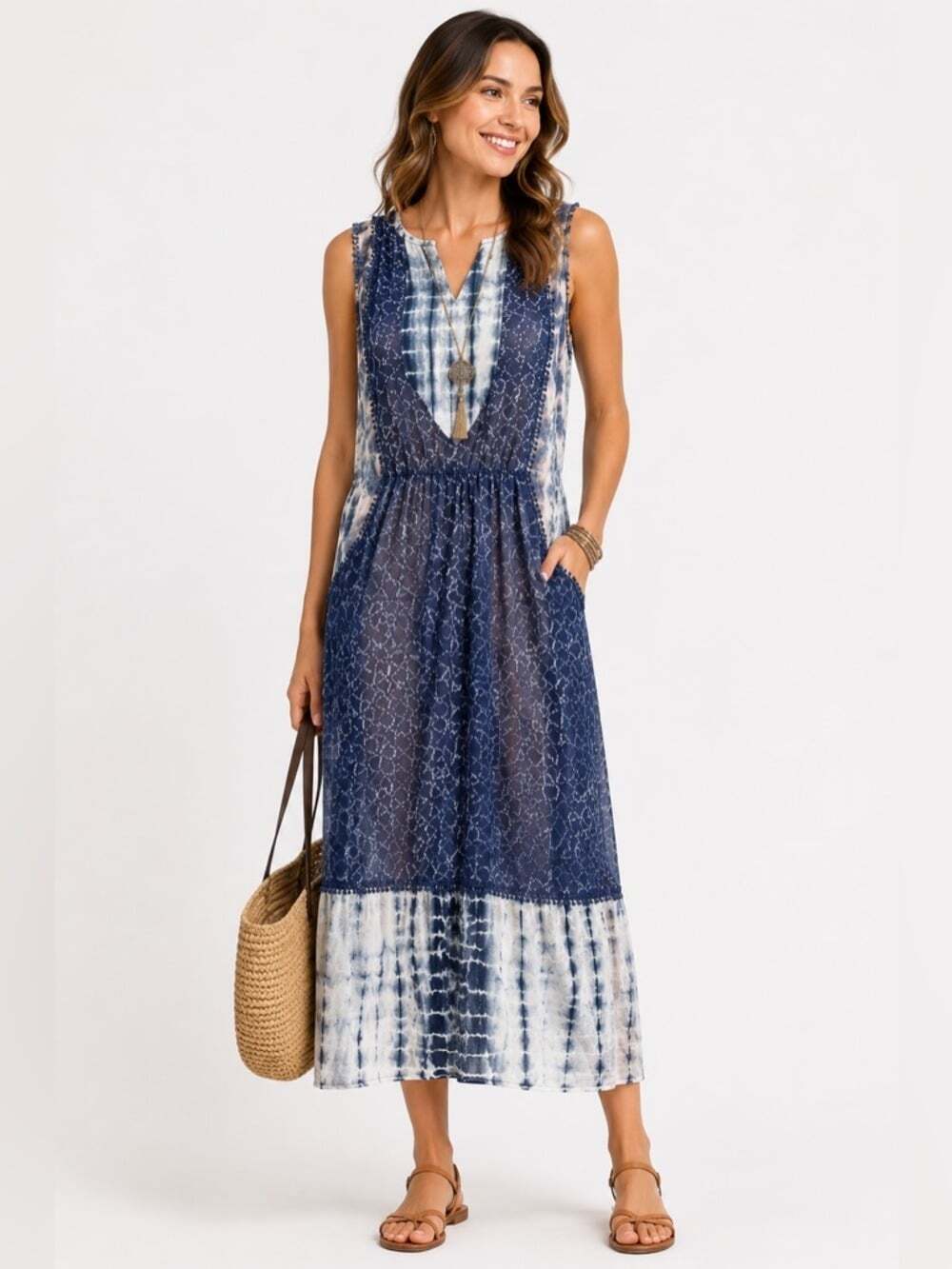 Anthropologie Meadow Rue Blue Sheer Sleeveless V-Neck Tiered Tie Dye Dress 14